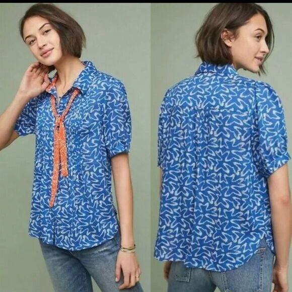Maeve by Anthropologie Tops - Maeve Anthropologie Diana Print Pleated Neck-Tie Button-Up Top Blue Size 6 NWT